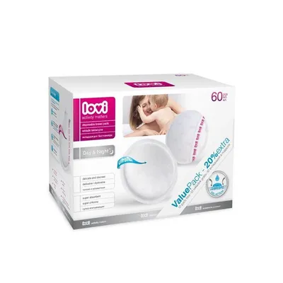 A product box for Lovi disposable breast pads, showing the packaging and a close-up of the product.