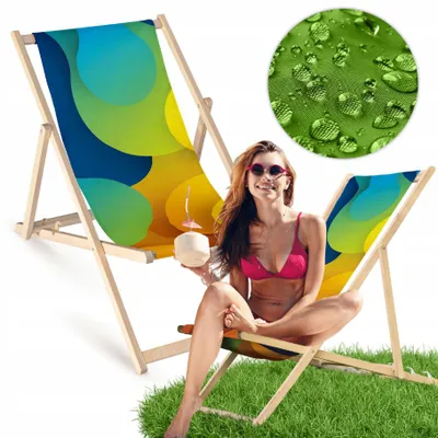 Zdjęcie produktu dla Składany drewniany leżak ogrodowy z abstrakcyjnym motywem okrągłych kształtów – leżak plażowy i ogrodowy