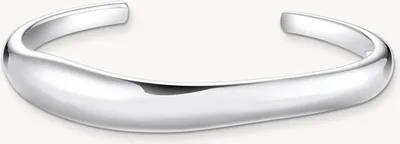 A silver-colored cuff bracelet is shown against a white background.