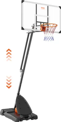 A portable basketball hoop with a clear backboard, orange rim, and blue and red net, standing on a black base with wheels. The pole is black and angled. There are orange arrow graphics on the left side of the image indicating height adjustment.