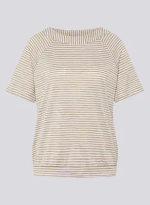 Produktbild von Grünes T-Shirt mit Streifenmuster, Raglanärmeln, Rundhalsausschnitt und lockerem Sitz, Größe 36