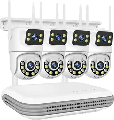 Zdjęcie produktu dla Bezprzewodowy system CCTV, 8-kanałowy rejestrator NVR, 4 kamery 6 MP z podwójnym obiektywem, 8-kanałowy rejestrator NVR x 4 kamery, brak