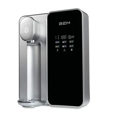 A silver and black water filter with a digital display.