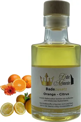 Produktbild von Badezusatz Orange-Citrus 100ml - hochwertiges Badeöl in attraktiver Glasflasche mit Korkmündung von Dufte Momente