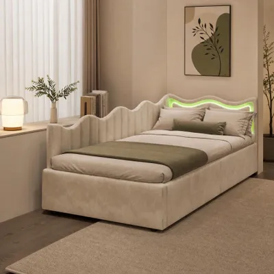 Obrázek produktu pro Rozkládací pohovka 90 x 200 cm, dětská postel s úložným prostorem na hydraulických výztuhách, denní lůžko s LED osvětlením, čalouněná postel s roštem, jednolůžko, plyšová látka, krémově bílá barva