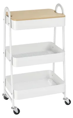 Produktbild von 3-Ebenen-Servierwagen mit Rollen, Griff, Korb und Deckel - Allzweckwagen für Küche, Büro, Badezimmer in Weiß