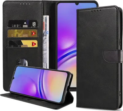 Produktbild von Passend für Samsung Galaxy A05 Handytasche Kunstleder mit magnetischer Lippe und Kartenhalter Buchhülle mit Klappe - Schwarz - Smartphonics