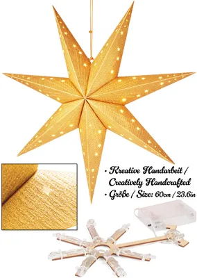 A golden star-shaped lantern with small star cutouts, illuminated from within, is shown hanging. A close-up of the lantern's texture and a disassembled star frame with battery pack are also visible.