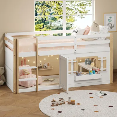Obrázek produktu pro Dětská postel 90x200 cm, patrová postel s žebříkem a oknem, bílá