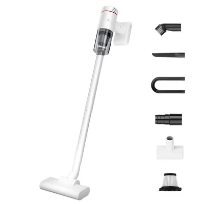 A white cordless vacuum cleaner with various attachments displayed on a white background.
