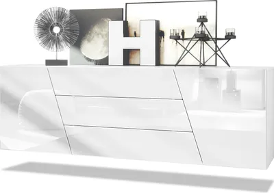 Produktbild von Vladon Sideboard Houston,  Germany, hängende Kommode mit 2 Türen & 3 Schubladen, Korpus Weiß matt, Fronten Weiß Hochglanz (178 x 57,5 x 38,5 cm)