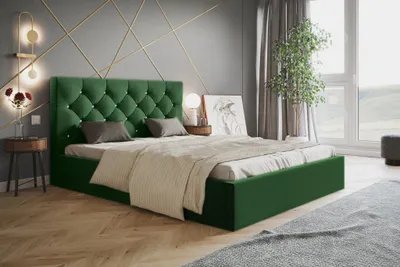 Produktbild von Polsterbett mit Bettkasten 200x200 Molly - Metall-Lattenrost, Schlafzimmerbett - Designer-Bett, Velour-Stoff Grün
