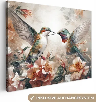 Produktbild von MuchoWow® - Leinwandbilder - Kolibri - Vögel - Blumen - Natur, Wandbild, Wanddeko Bilder Wohnzimmer, 80x60 cm