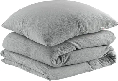 A stack of folded grey bedding, including a pillow and a duvet cover, on a white background.