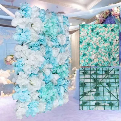 Image de 12 pièces de fleurs artificielles en soie rose de mariage mur panneau de fond de fête bleu et blanc