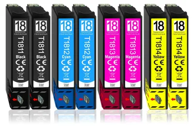 A set of eight ink cartridges for a printer, arranged in a row against a white background.
