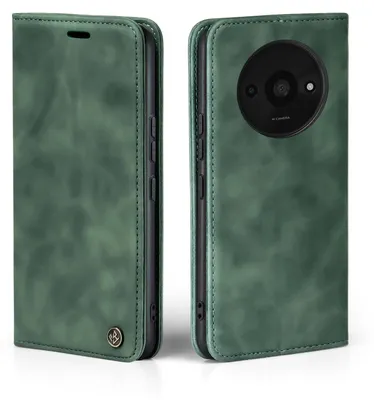 A green flip cover phone case is shown from two angles, open and closed.