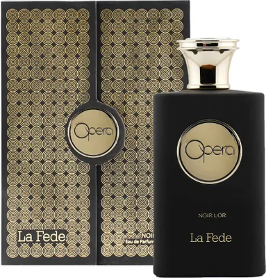 A black perfume bottle and its packaging are displayed against a white background.
