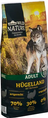 A bag of dog food with a wolf image and product details.