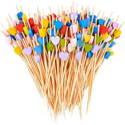 Image de Brochettes pour cocktails, en bois, forme de cœur colorée, 100 pièces, 12 cm