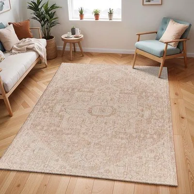 Productafbeelding van Ibenzoa® Oriënttapijt in boho-stijl, laagpolig, plat geweven – polypropyleen, 160x213 cm, vanille/crème, geschikt voor woonkamer en eetkamer