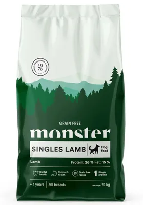 Produktbild von Monster Dog Grain Free Singles Lamm 12kg Getreidefreies Trockenfutter für erwachsene Hunde mit Lammfleisch