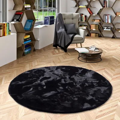 Produktbild von Luxus Super Soft Fellteppich Plush Schwarz Rund, Größe:160 cm Rund