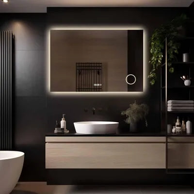 Image de LoXa – Miroir de salle de bain Lorina avec LED 120 × 80 cm – Horloge – Éclairage périphérique – Loupe – Antibuée – Dimmable – Fonction mémoire –tactile