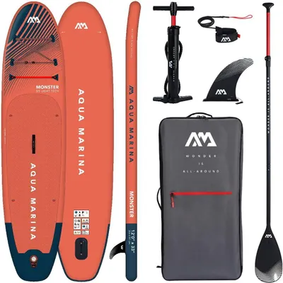 A collection of stand-up paddleboard equipment laid out on a white background.