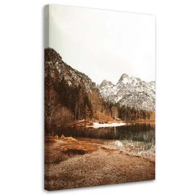 Produktbild von Leinwandbild Schneebedeckte Berge am See 80x120 Feeby Beige bild für die wand bereit zum aufhängen