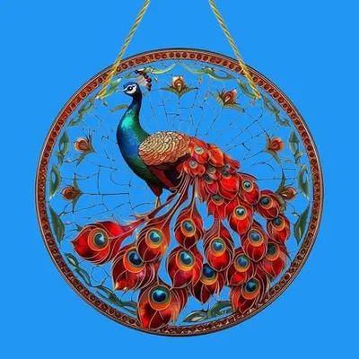 Produktbild von GKA XL Sonnenfänger roter Pfau 20 cm Buntglas Lichtfänger Fensterbild Fenster Fensterschmuck Fensterdeko Vogel