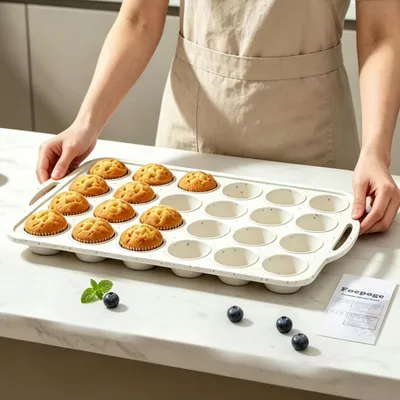 Immagine prodotto di Stampo in silicone per mini muffin, confezione da 24, con cornice in metallo, antiaderente e adatto al lavaggio in lavastoviglie