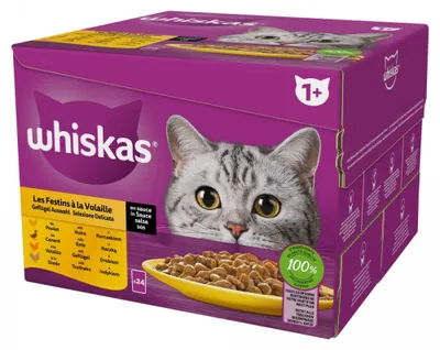 Obrázok produktu pre Whiskas Kuracie, kačacie, hydinové a morčacie mäso v omáčke 24 x 85 g