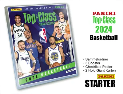 A product shot of a basketball trading card starter set with promotional text and images on the right side.