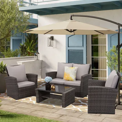 Produktbild von MeXo Gartenmöbel Set Lounge Set Polyrattan Lounges 4-teile für 3-4 Personen Garten & Balkon & Terrasse Sitzmöbel-Set grau