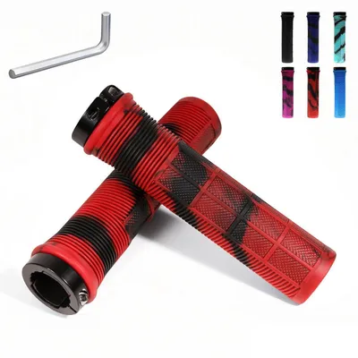 Image de Poignées de vélo universelles de 22 mm, ergonomiques, antidérapantes, en caoutchouc, avec système de verrouillage, noires et rouges