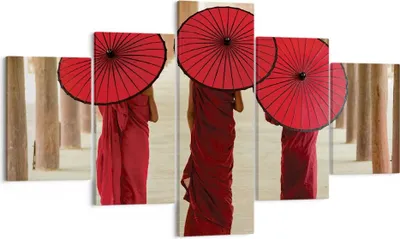 Produktbild von Bild auf Leinwand - Leinwandbild - 5 Teile - Bhutan Regenschirm Rot - 125x70cm - Wand Bild - Wanddeko - Wandbilder - Leinwanddruck - Bilder - Wanddekoration - Leinwand bilder - EA125x70-4290