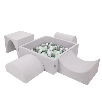 Obrázok produktu pre KiddyMoon Mäkké penové ihrisko pre deti s Štvorec loptičkovým ihriskom (300 ∅ 7 cm) s mäkkými prekážkami a loptičkovým bazénom,  vyrobené v EÚ, Svetlo šedá:Biela/Grey/Mätový, Verzia 1