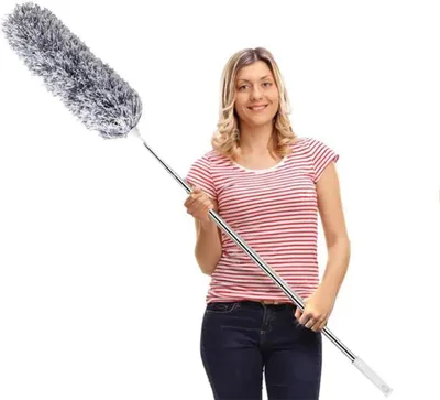 Produktbild von Staubwedel Teleskop Waschbar, Staubwischer Mikrofaser Edelstahl Teleskop Stange und Verbiegbare Eckbesen, Staubwedel Lang Ausziehbar Extra Lang Bis 110 inch, für Decken Spinnweben (Grau)