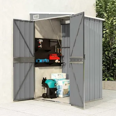 Imagen del producto de Caseta de jardín gris de acero galvanizado, 118 x 100 x 178 cm, resistente a la intemperie, con cerradura, armario para herramientas, casa de jardín para almacenamiento, espacio de almacenamiento, para exteriores, de metal