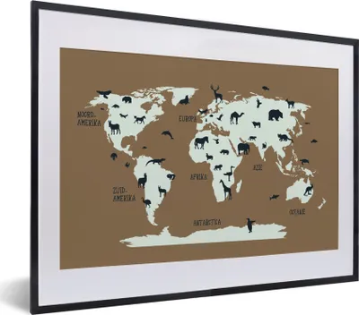 Produktbild von MuchoWow® MuchoWow® Gerahmtes Poster Weltkarte - Tiere - Braun 40x30 cm - Poster mit zchwarzem Bilderrahmen - Bilderrahmen - Poster im Rahmen