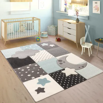 Produktbild von Kinderteppich Kinderzimmer Kariert Punkte Wolken Sterne In Pastell Blau Grau Grösse 140x200 cm