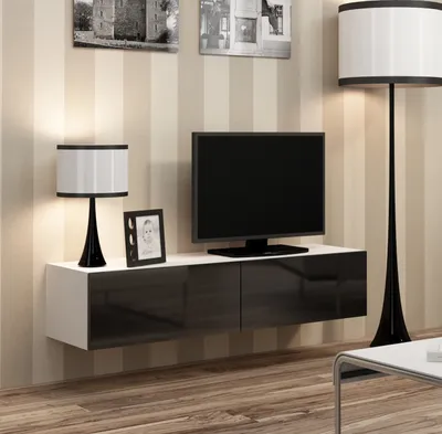 Produktbild von TV - Lowboard Schrank Fernsehtisch VIGO VG4B 140cm weiß / schwarz hochglanz mit Stauraum