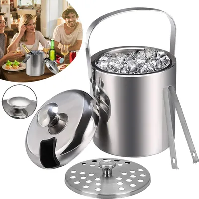 Produktbild von 1.3L Eiswürfelbehälter, Edelstahl Eiskübel mit Luftdichtem Deckel, Sieb und Eiszange, Doppelwandiger Isolierter Eiskübel, Eiswürfelkübel