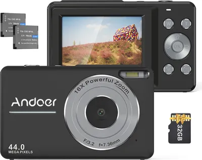Produktbild von Andoer Tragbare 1080P-Digitalkamera, Video-Camcorder, 44 MP, Autofokus, 2,5 IPS-Bildschirm, 16-facher Digitalzoom, mit 32 GB Speicherkarte, 2 Batterien, Weihnachtsgeschenk fuer Kinder, Teenager