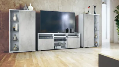Produktbild von Vladon Wohnwand Davos, Anbauwand bestehend aus 2 Vitrinen und 1 TV-Board, Weiß matt/Beton Oxid Optik (329 x 134 x 35 cm)