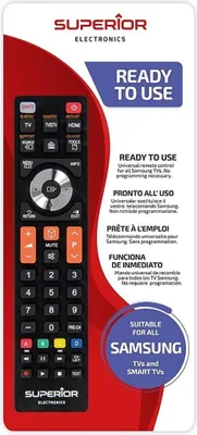 A product image of a remote control with marketing text and branding.