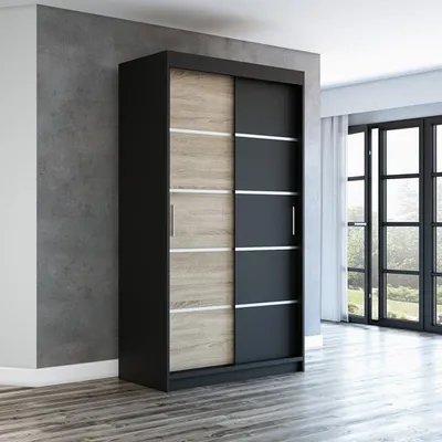 Produktbild von Schwebetürenschrank, 2-türig Schrank PARIS 120 cm (mit Spiegel) (Schwarz / sonoma / schwarz)