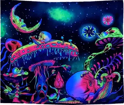 Zdjęcie produktu dla Dekoracja ŚCIENNA UV OBRAZ Fluorescencyjny GOBELIN ODBLASK 150x150cm Grzyby