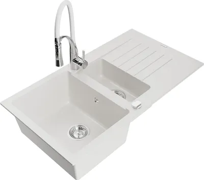Produktbild von Mexen Matias 1,5-Becken-Granitspüle mit Abtropffläche und Mischbatterie Aster, Weiß - 6502-20-73450-02